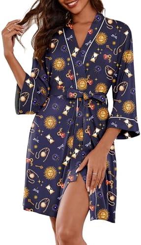 Ekouaer Women Robes Knee Length Knit Kimono Bathrobe Lightweight 3/4 Sleeve Soft Sleepwear V neck Casual Ladies Loungewear Sun God,XXL