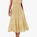 Melliflo Womens Smocked Ruched Sleeveless High Waist Pocket Solid Dress 2024 Fashion Casual Summer Dress Size M