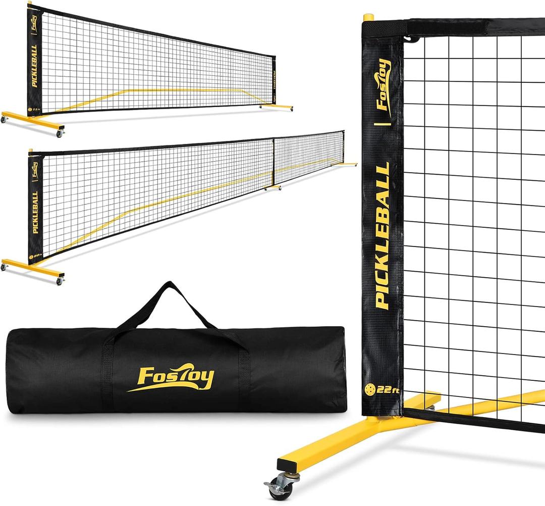 Portable Pickleball Net Set with Wheels, Regulation Size 22 FT & Half Court 11 FT, Steady Metal Frame Pickle Ball Net Set System with Carry Bag for Backyards, Driveways, and Garages (Black&Yellow)