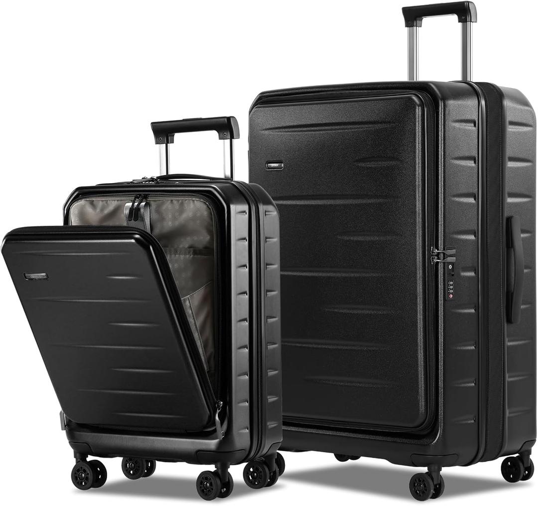 CENSIEN Luggage Sets 2 Pieces, 20 Inch Carry On Luggage and Expandable 28 Inch Checked Luggage with Spinner Wheels, Lightweight ABS+PC Hard Shell Suitcase with Front Opening, TSA Lock (Black, 20/28)