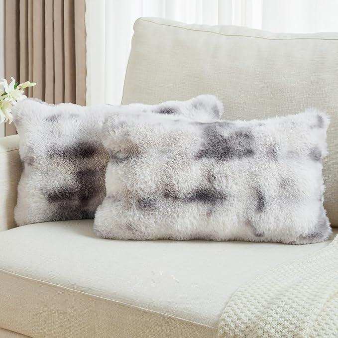 FUTEI Pack of 2 Faux Fur Throw Pillow Covers 12x20 Inch Soft Raised Textured Decorative Pillowcase Modern Farmhouse Accent for Couch Bed Living Room, Grey White