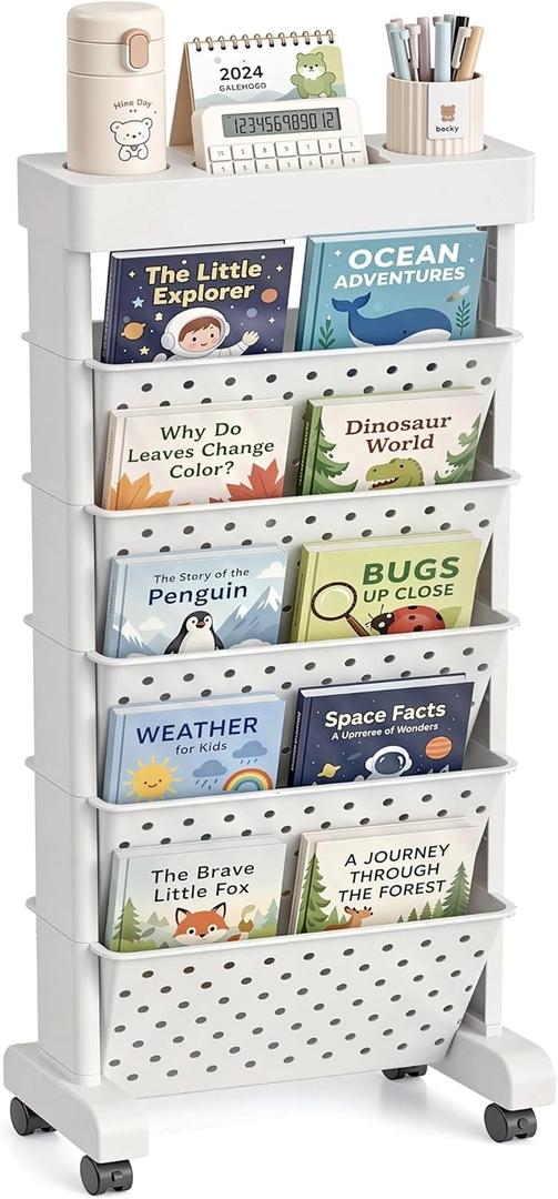 BYFU 6Tier Movable Bookshelf Cart, Rolling File Paper Storage Organizer Mobile Bookcase with Wheels for Home Office Study Classroom, White