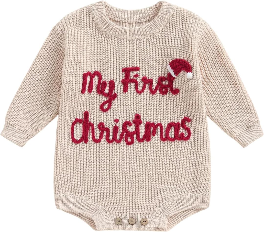 Adobabirl Baby Girl Boy Knitted Sweater Bubble Romper Long Sleeve Jumpsuit Festival Outfit Fall Winter Spring Clothes (Beige, XS)