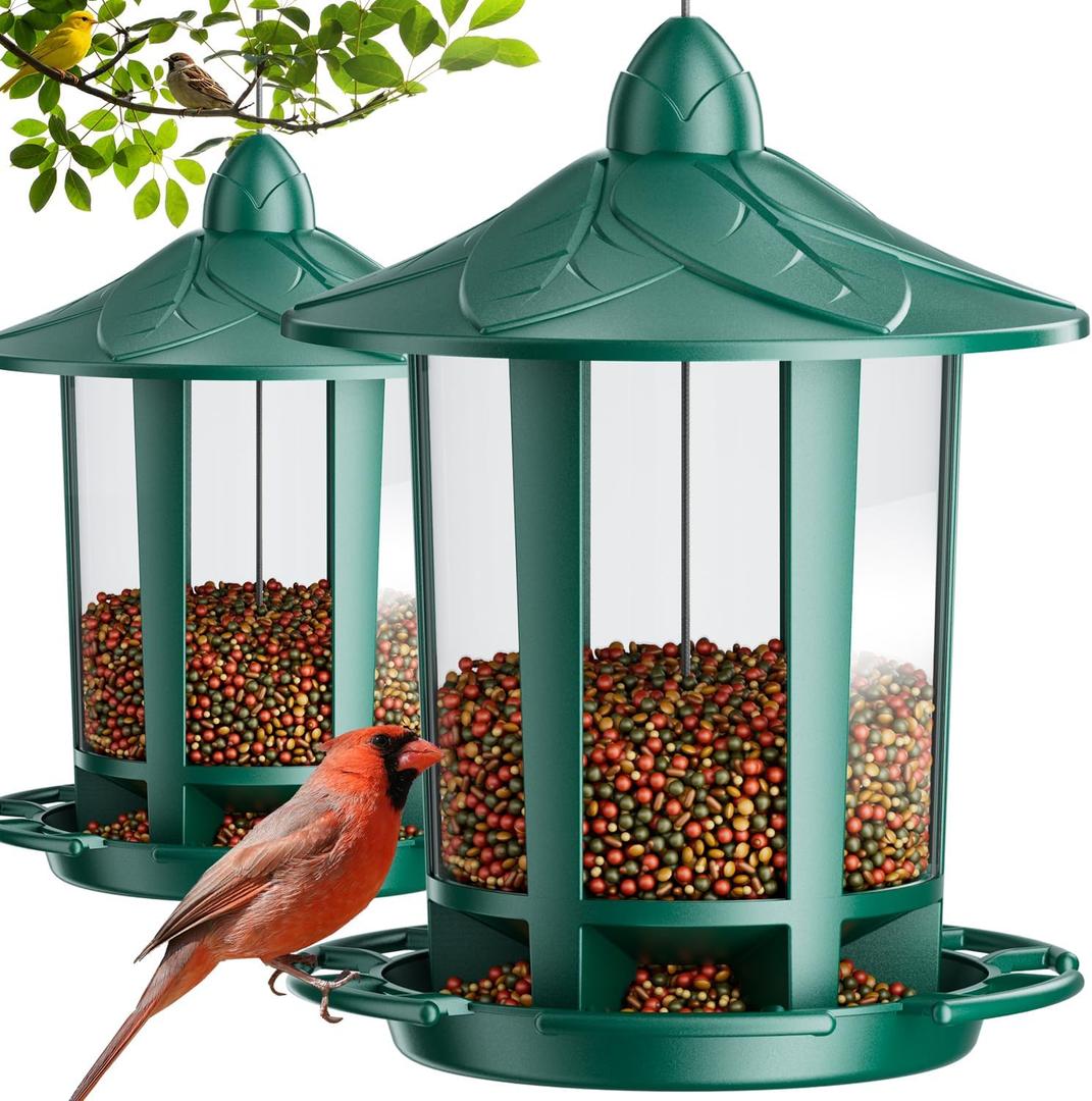 Birdream 2 Pack Bird Feeders for Outdoor Hanging, Assembly Required, 1-Min Easy Setup, Charming Castle Design, Attracting Cardinals Chickadees Goldfinches & Sparrows - Green