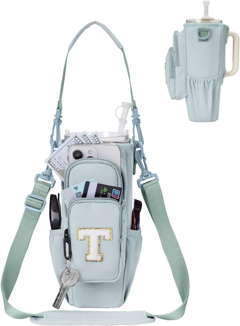 sportsnew Birthday Gifts for Women Personalized Initial Water Bottle Holder with Strap fits Most 40oz Tumbler with Handle Water Bottle Carrier Bag with Phone Pocket & Straw Topper Tumbler Accessories