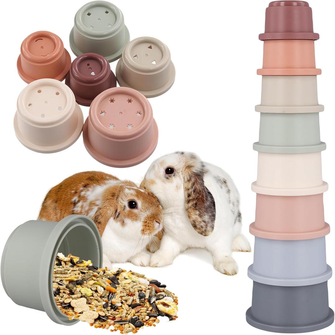2 x 8pcs Stacking Cups for Rabbits, Different Sizes Stack up Bunny Snack Cups Multi-Colored Reusable Plastic Bunny Nesting Toys Stackable for Small Animals Guinea Pig Pet Hiding Food and Playing