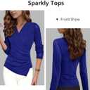 Womens Long Sleeve Sparkly Wrap Tops, Fitted V Neck Asymmetrical Hem Mesh Top Dressy Party Blouse (M)