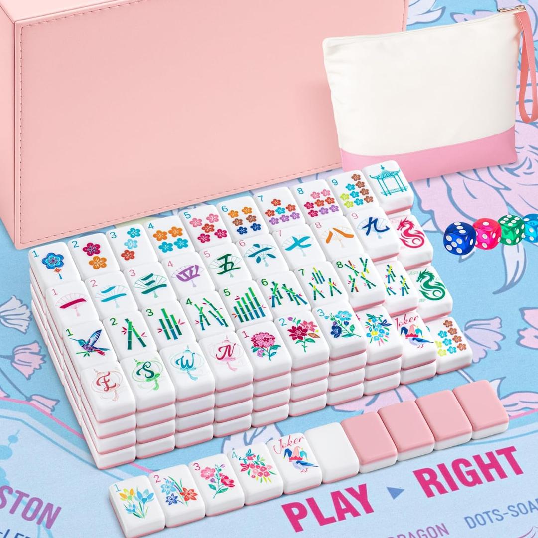 Soulchen 1.2in American Mahjong Tiles Set with Noise Reducing Mat 168 Acrylic Engraved Mahjong Game Tiles with Portable Storage Bags and 4 Dice for Adults Family Friends Collection Travel Game(Pink)