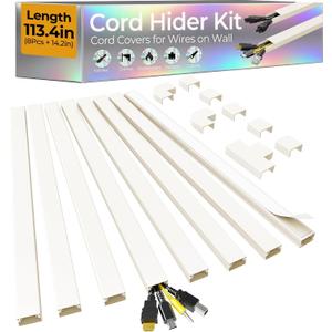 113.4in Cord Hider Kit, Cord Covers for 2-4 Wires on Wall, Self-Adhesive Cable Hider Wire Covers for Cords on Wall, Paintable Cord Hider for Walls Mount Tv, Cable Cover Raceway, W0.95 H0.55in, Beige