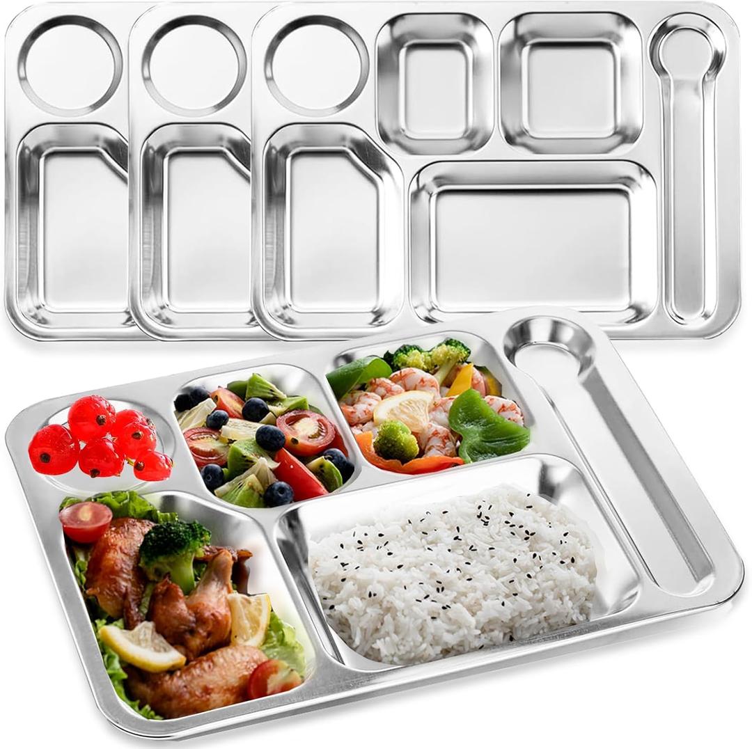 4 Pack Stainless Steel Divided Plates Tray, 6 Sections Rectangular Dinner Plates Control Plates for Adults, Picky Eaters, Campers, Diet Food Portion Control