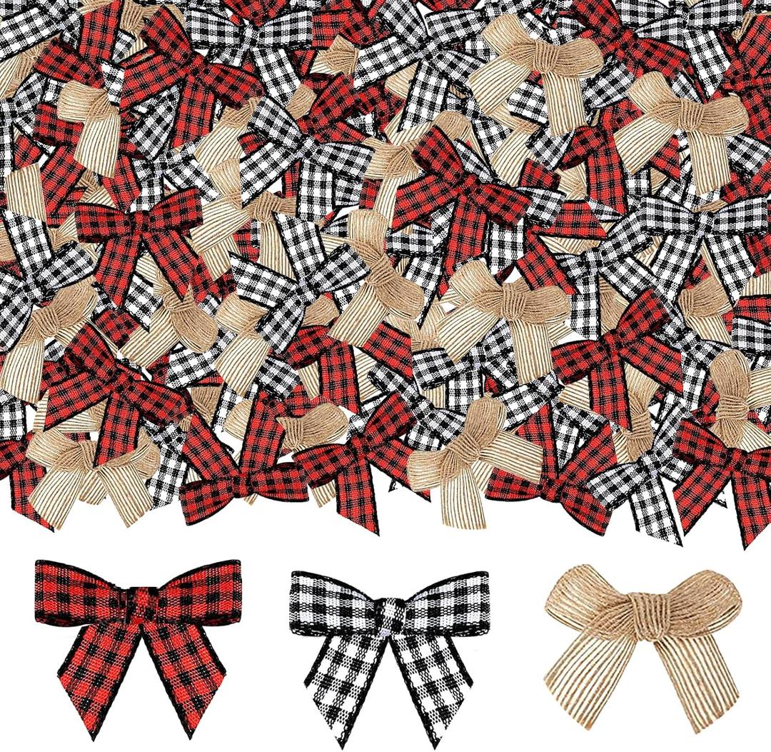 JOICEE 120 Pcs Christmas Mini Burlap Bow Buffalo Plaid Bows for Craft, Red and Black Checkered Gingham Ribbon Farmhouse Home Decoration for Christmas Tree Gift Decorations