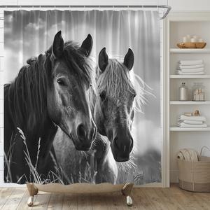 Horse Shower Curtain Rustic Farmhouse Animals Country Western Fabric Bathroom Decor Set with Hooks,(70" WX70 H) (Gray Black)