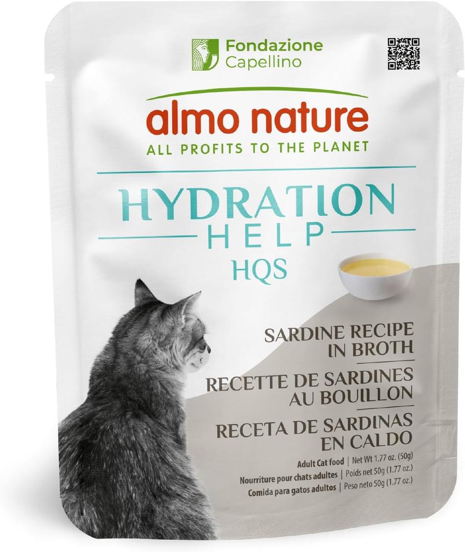 almo nature HQS Hydration Help - Wet Cat Food - Sardines Broth with Sardines, Flake and Broth - Pouches, 1.77oz (Pack of 12) (EXP 04/20/28)