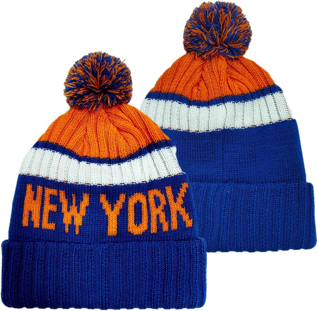 Baseball Team City Beanie, Cuffed Knit Soft Headwear for Women Men Youth, Sports Stylish Winter Hat, Gift for Fans (Blue-orange)