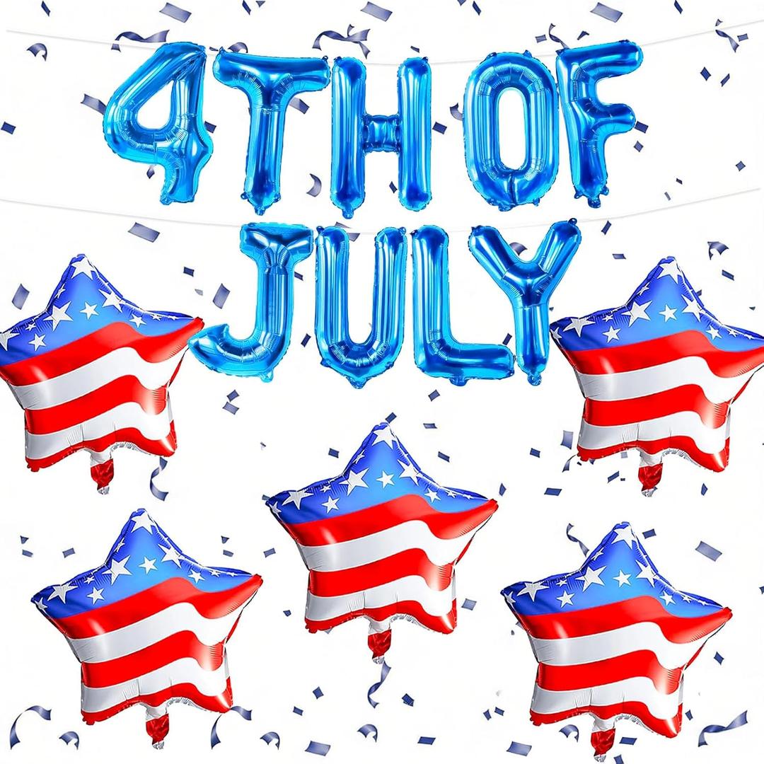 2 x 4th of July Balloons with Red White and Blue Star Balloons, Blue Mylar Letter Balloons for 4th of July Decorations, Party in The USA, Patriotic Decorations
