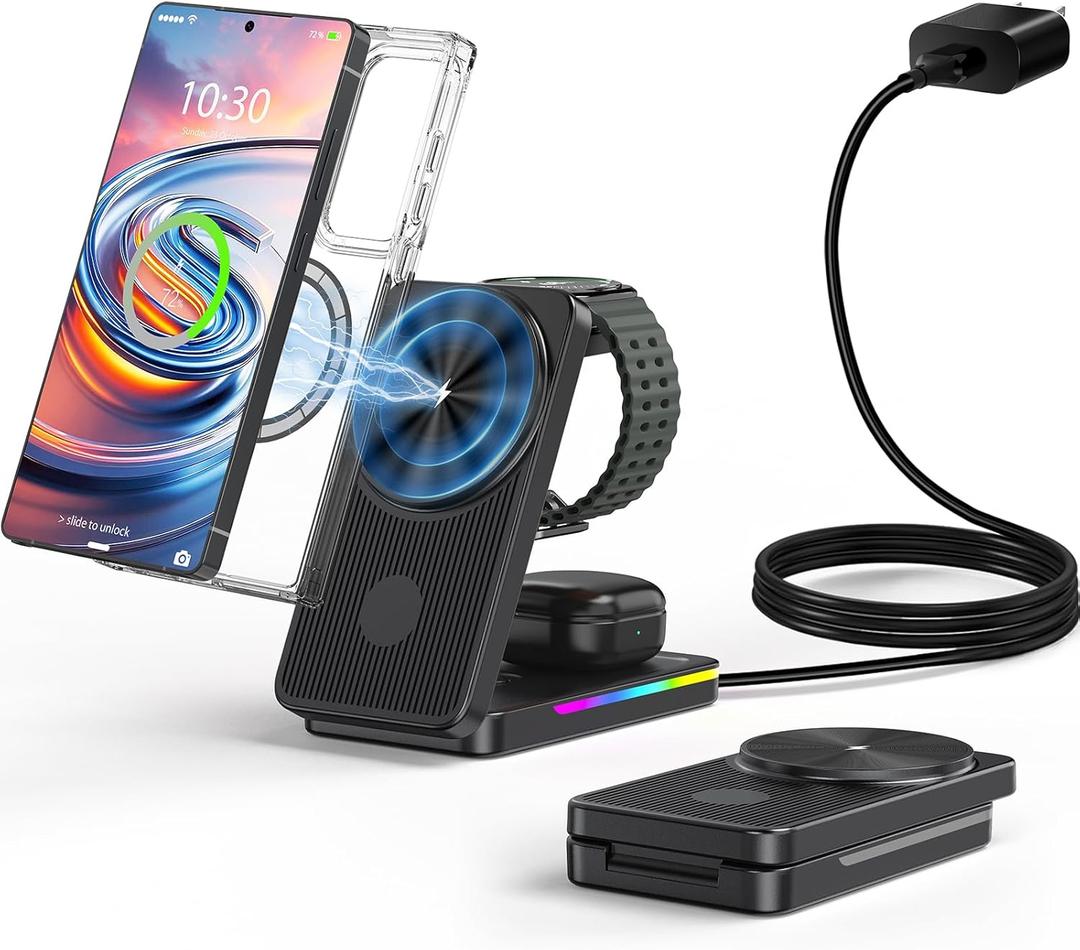 3 in 1 Magnetic Wireless Charger for Samsung, Foldable MagSafe Wireless Charging Station for Samsung Galaxy S25 Ultra/Z Fold7/Flip7/S24, Watch Charger for Galaxy Watch Ultra/8/7/Buds (for Travel) (Black)