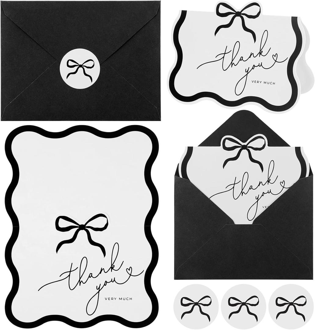 Maitys 24 Set Black Scalloped Edge Thank You Cards with Black Envelopes and Bow Stickers Bulk Blank Greeting Note Cards for Wedding Business Graduation Baby Shower Bridal Shower Funeral