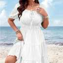 Floerns Women's Plus Size Tie Front Square Neck Puff Sleeve Ruffle Hem Midi Dress (Pink, XS)