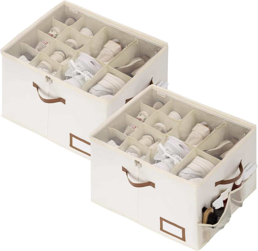 StorageWorks Shoe Organizer for Closet, 2 Pack Shoe Storage Boxes with Clear Lid, Stackable Shoe Storage Organizer for Sandals and Slippers, Fabric Shoe Bins for Closet, Holds 1632 Pairs, Beige