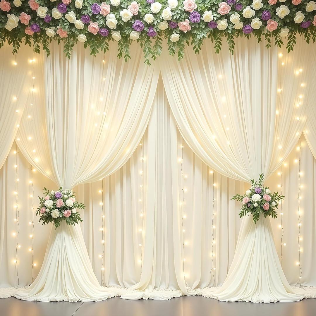 20x10FT Beige Backdrop Curtains with Lights for Parties,Wrinkle Free Wedding Photo Backdrop Curtains for Baby Shower Birthday Ceremony Reception Home Party Decorations-5ft x 10ft,4 Panels