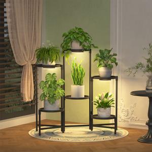 iDavosic.ly 6 Tier Large Plant Stand Indoor with Grow Light, Tiered Corner Metal Outdoor Flower Display Holder Shelf with 10 Inch Wide Tray, Folding Tall Rack for Patio Porch Living Room, Black