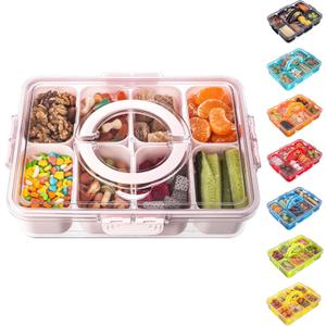 Dingerjar Divided Serving Tray with Lid and Handle - Snackle Box Charcuterie Container for Portable Snack Platters Organizer for Candy, Fruits, Nuts, Snacks - Perfect for Party, Entertaining, Pink