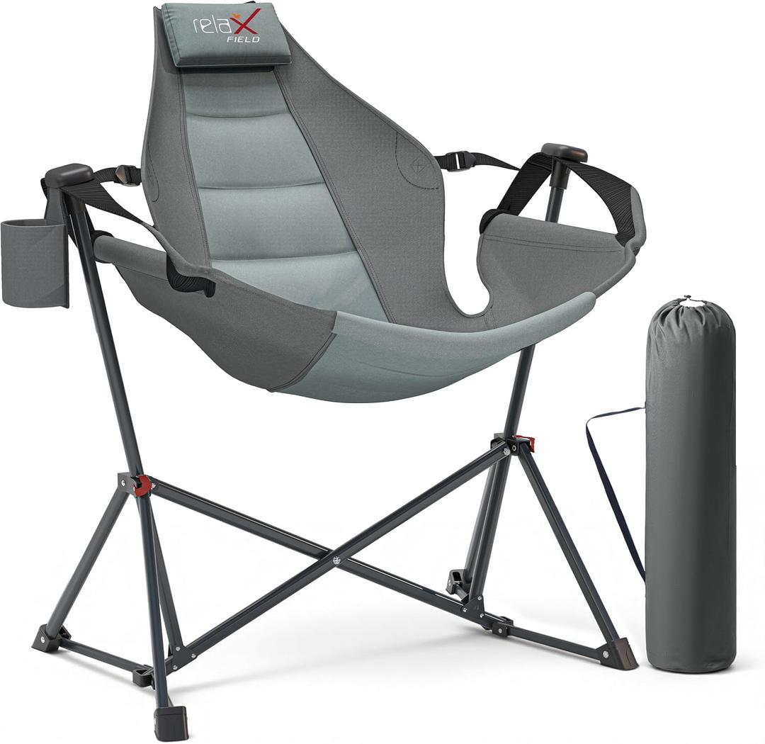 Hammock Camping Chair with Adjustable Backrest, 350LBS Heavy Duty Oversized Swinging Chair Portable Folding Rocking Chair with Pillow Cup Holder for Outdoor Beach Camping Patio, Grey