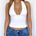 ForeFair Women's Sexy Halter Neck Backless Tank Top Deep V Neck Sleeveless Open Back Y2K Slim Fit Summer Crop Tops (White, S)