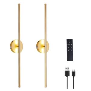 Battery Operated Wall Sconces Set of Two, USB Rechargeable Dimmable LED Wireless Wall Sconces with Remote Control, 360°Rotate,Timing,Gold Wall Light for Living Room/Bedroom/Hallway, 28.3Inch