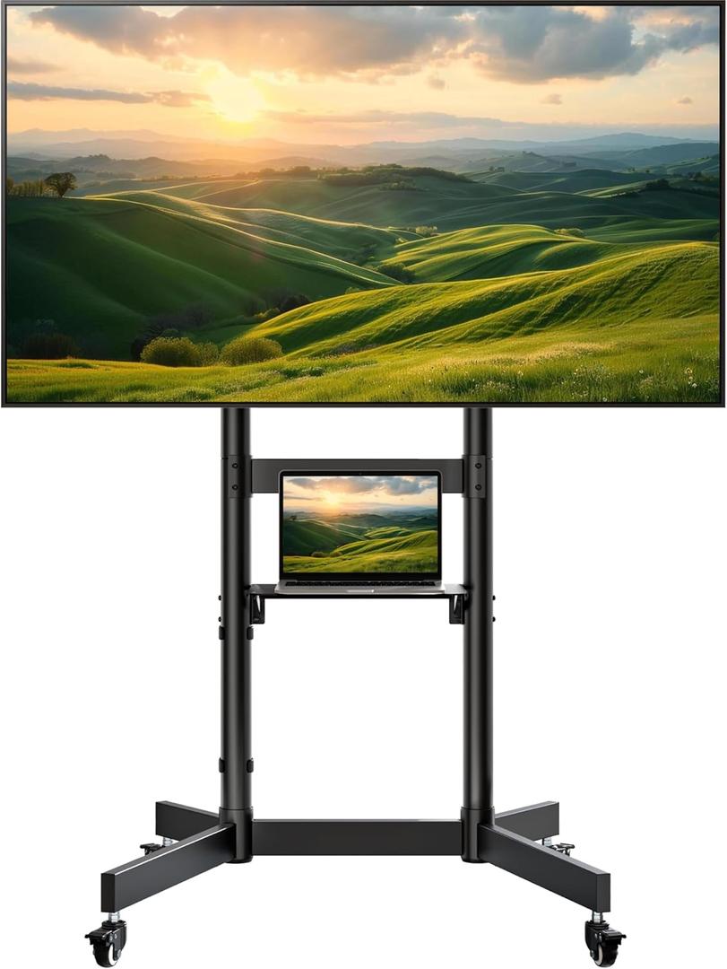 Heavy-Duty Rolling TV Stand for 55100" Screens Supports 165 lbs, Stable Mobile TV Cart with Shelf & Locking Wheels, Floor TV Stand, Max VESA 800x600mm, Black