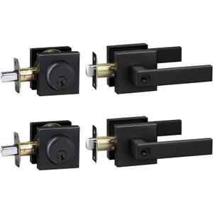 Exterior Door Lock Set, Combo Lock-Heavy Duty Black Door Handle and Single Cylinder Deadbolt Lock, Keyed Alike Door Locks for Front Door(Matte Black,2Pack Set)
