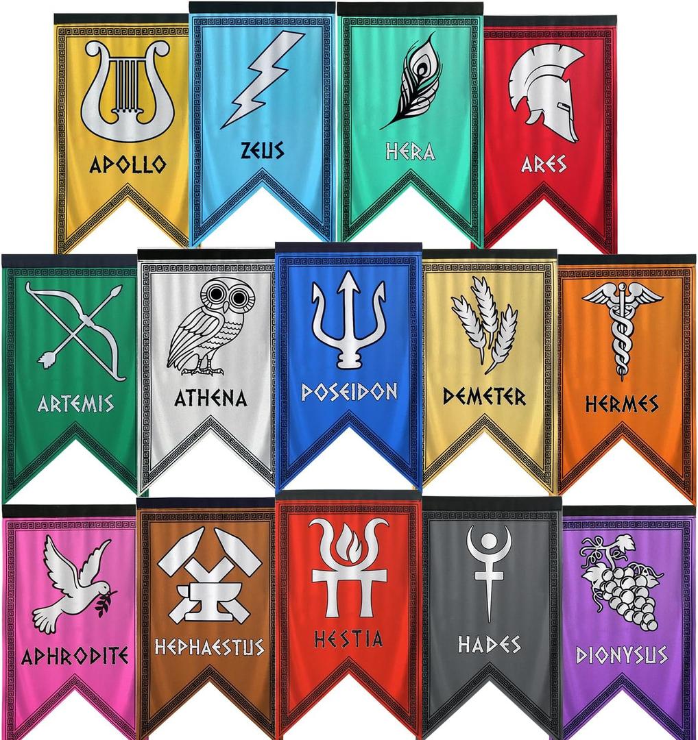 Greek Gods Banners, 14pcs Percy Jackson Cabin Banners, Htabiol Greek Mythology Party Banner, Percy Jackson Cabin Flags, Fit for Percy Jackson Party, Percy Jackson Birthday Party (12"x7.3", Polyester)