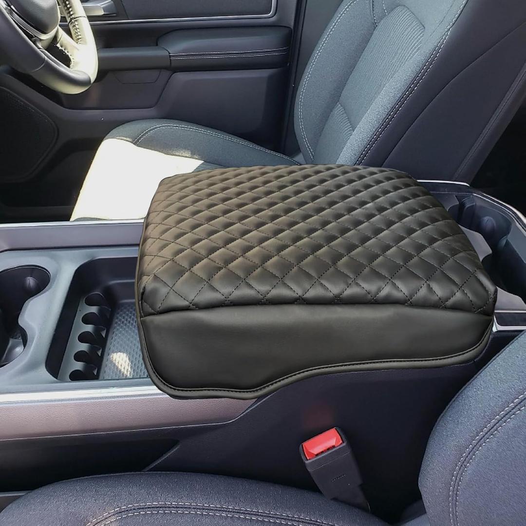 Center Console Cover Compatible with 2019 2020 2021 2022 2023 2024 2025 Dodge Ram 1500 2500 3500 Accessories, Armrest Lid Leather Protective Cover (Bucket seat Console only) (Black Thickened)
