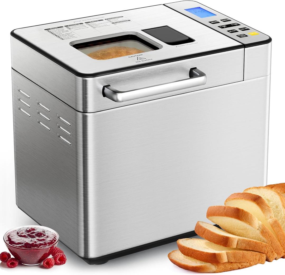 2LB Bread Maker Machine, 25 in 1 Programmable Bread Maker, Bread Machine with Fruits & Nuts Dispenser for Beginner, Breadmaker with Nonstick Ceramic Pan, Gluten-Free, Recipe, Gifts