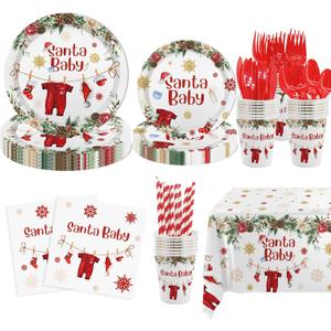 MEHOFOND 193pcs Winter Santa Baby Shower Party Decorations, Christmas Baby Shower Paper Plates Napkins and Cups, Santa Baby Tablecloth, Snowflake Xmas Party Supplies, Serve 24