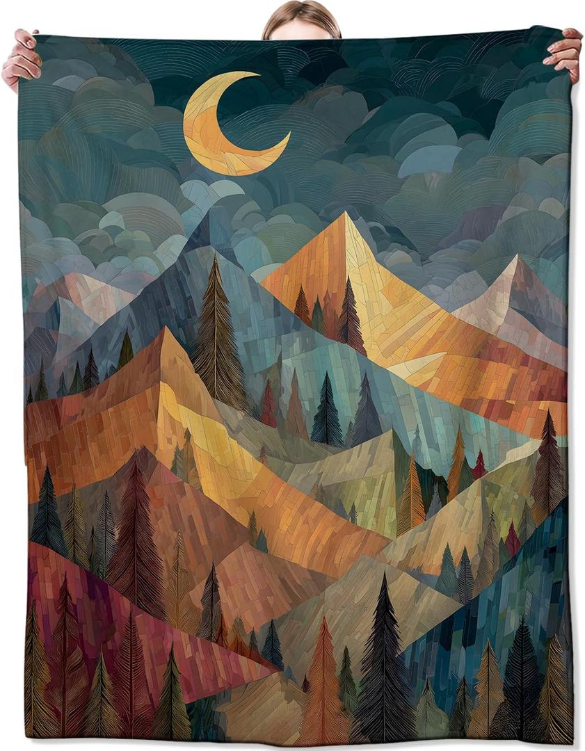 Zeleda Mountain Blanket, Gifts for Nature and Abstract Art Lovers, Lightweight Flannel Throw Blankets, Geometric Landscape with Moon Forest Throws Home Decor, for Couch Living Room Office, 60x50inch