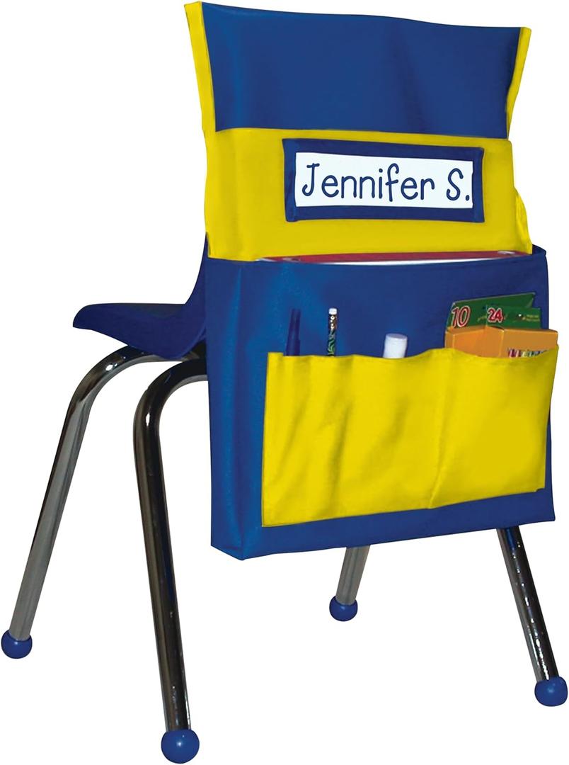 Carson Dellosa 15"W x 19"H Blue and Yellow Chairback Buddy, Desk Chair Back Pocket Organizer for School Supplies With Name Tag, Classroom Organization and Storage