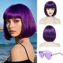 Short Bob Wig with Bangs Straight Purple Wigs for Women Colored Costume Wigs for Girl Shoulder Length Synthetic Cosplay Wig (Wig and Sunglasses)