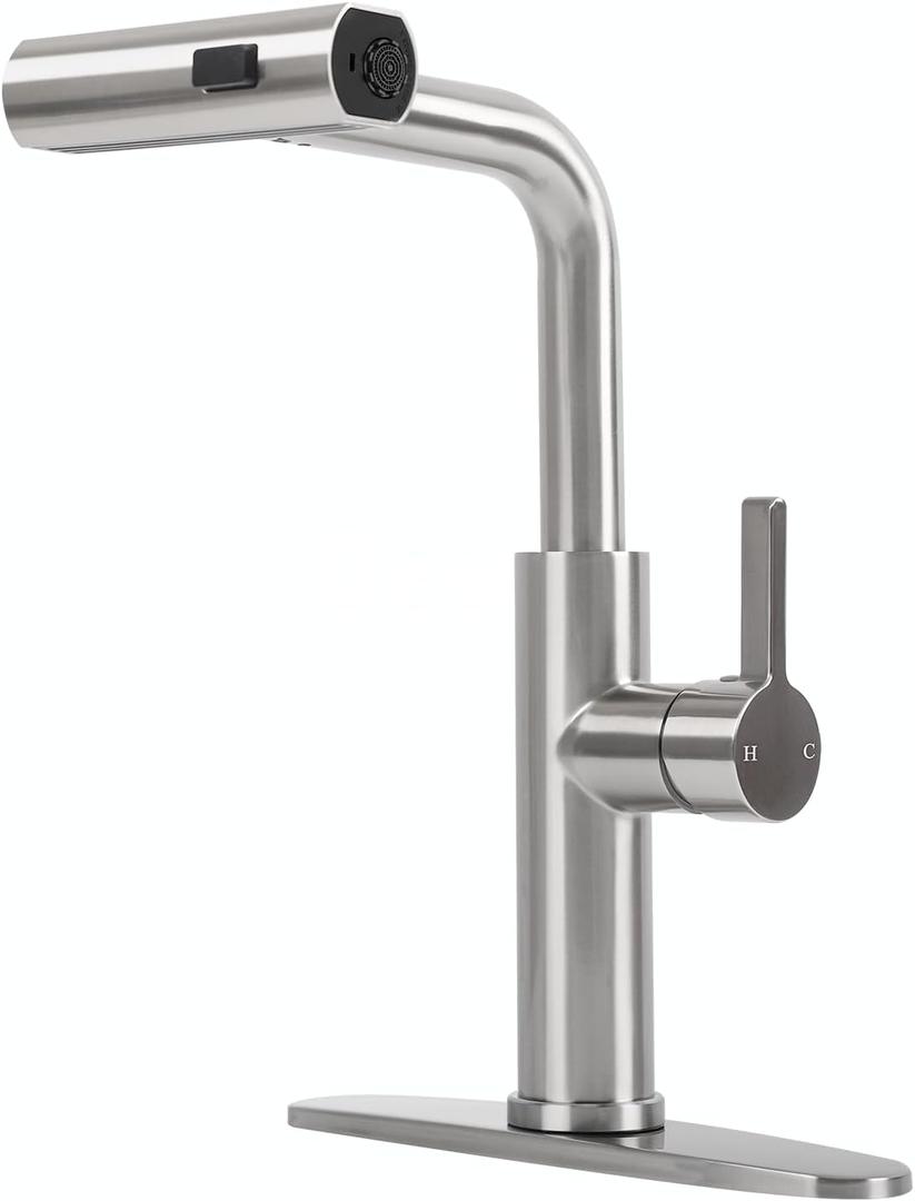 Besdor Waterfall Kitchen Faucet with Pull Down Sprayer, Single Handle Faucet for Kitchen Sink, 3 Function Sprayer, 360 Rotatable, 304 Stainless Steel, Brushed Nickel