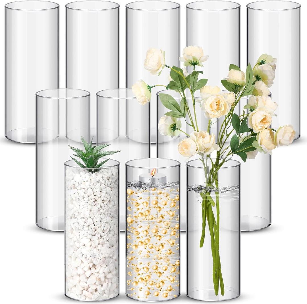 Nuogo 12 Pcs Plastic Clear Cylinder Vase for Home 6 Inch Acrylic Flower Clear Vase Centerpiece for Centerpieces Wedding Party Decorations