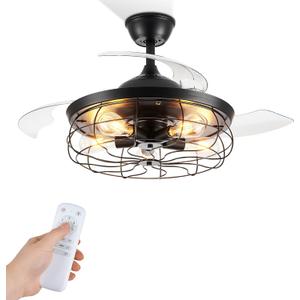 LEDIARY 42" Retractable Ceiling Fans with Lights, Farmhouse Industrial, Caged Fandelier Ceiling Fans with Remote, 6 Wind Speeds,Invisible Blades, Black 
