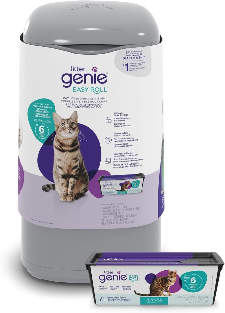 Litter Genie Easy Roll Pail with Easy Roll Refill, 24 bags Odour-locking compact pail holds up to 8 days of cat litter and includes tear-off bags lasting up to 6 months for 1 cat