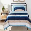 Amazon Basics 5-Piece Lightweight Microfiber Bed-In-A-Bag Comforter Bedding Set, Soft, Twin XL, Blue Stripe