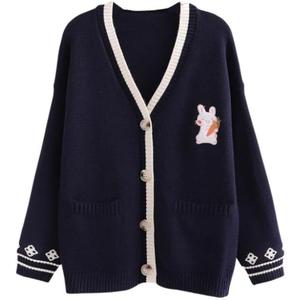 FindThy Women's Cute Rabbit Embroidered Cardigan Long Sleeve Pocketed Kawaii Cardigans Sweater (One Size, 02 Navy Blue)