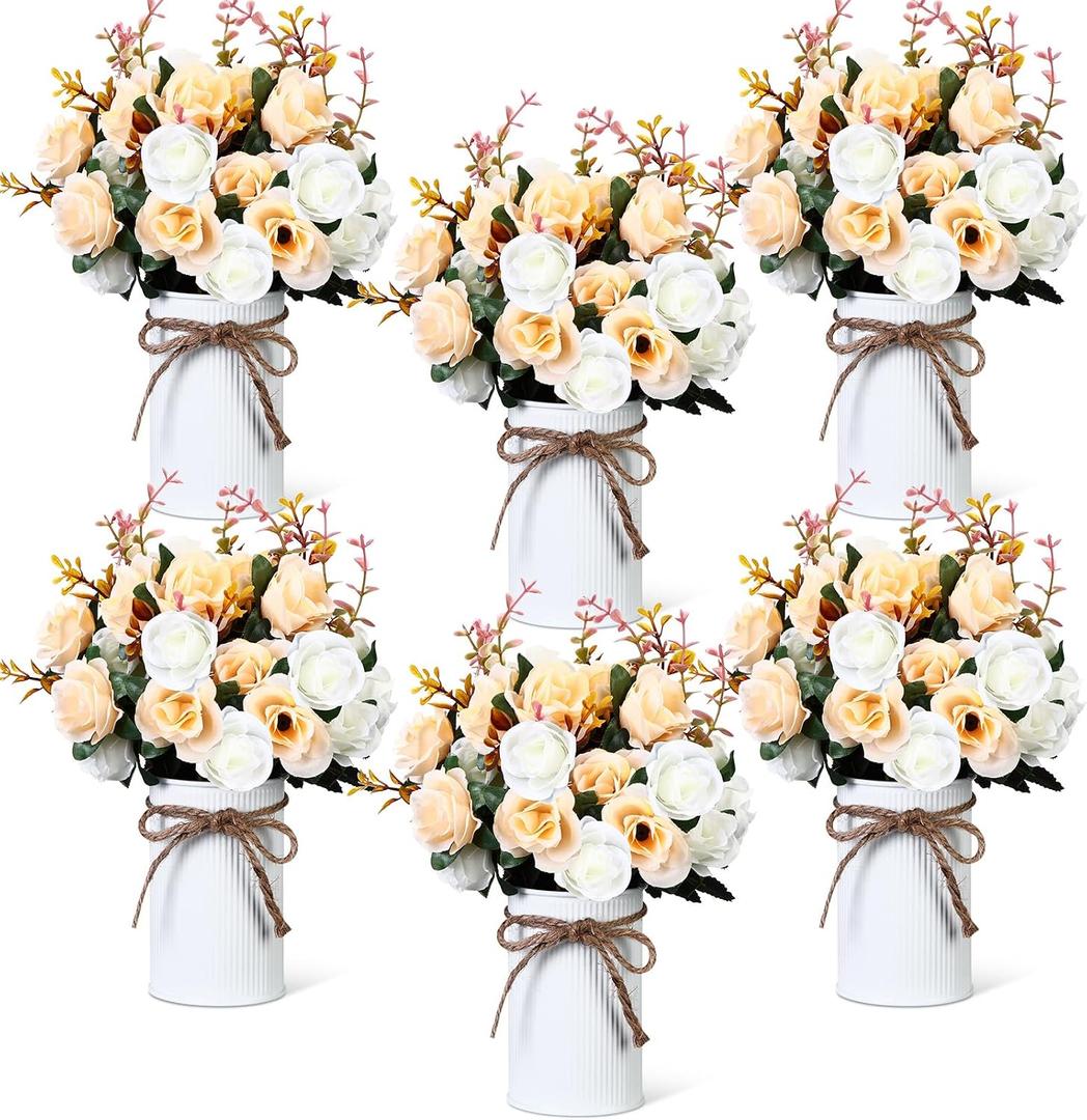 Domensi 6 Sets Wedding Centerpiece for Table Artificial Rose with Vase Fake Bouquets and Metal Pot Floral Arrangements for Mother's Day Holiday Party Event Table Decor (Champagne)