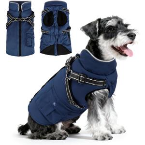 Dog Winter Coat with Harness Built-in | Waterproof Dog Jacket with Zipper & Fleece Lining | Reflective Cold Weather Coat for Small Medium Large Dogs (Navy Blue)