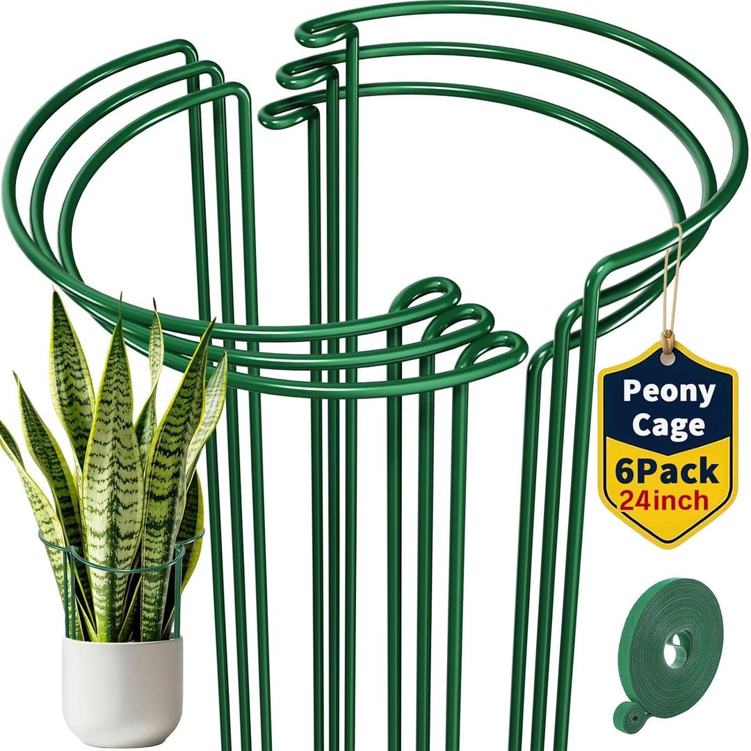 AMAGABELI GARDEN & HOME 6 Pack Peony Cage Plant Support Stakes 10" W x 24" H Heavy Duty Ring Metal Garden Support Structures Plant Cage with Ties for Indoor Flower Outdoor Tomato Hydrangea Monstera