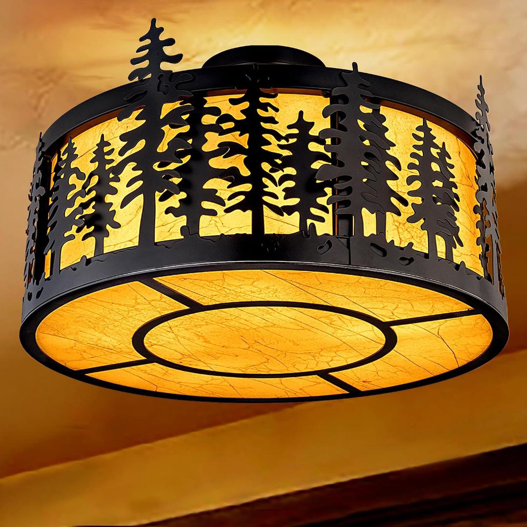 TOCHIC Rustic Semi Flush Mount Ceiling Light, 21.4" D Farmhouse Drum Ceiling Light Fixtures Western Flush Mount Chandelier Lighting for Dining Living Room, Kitchen, Entryway, Foyer, Cabin, 5 Lights
