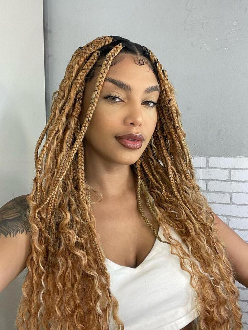 Blonde Goddess Box Braids Crochet Hair 7 Packs 18 Inch Boho Crochet Braids for Women Pre-looped Bohemian Crochet Box Braids with Curly Ends Braiding Hair Extensions, 27