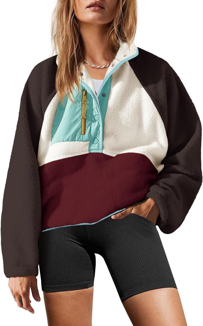 Yanekop Womens Fuzzy Fleece Pullover Sherpa Sweatshirt Long Sleeve Button Down Sweater Jacket with Pockets (Small, Brown Light Blue)